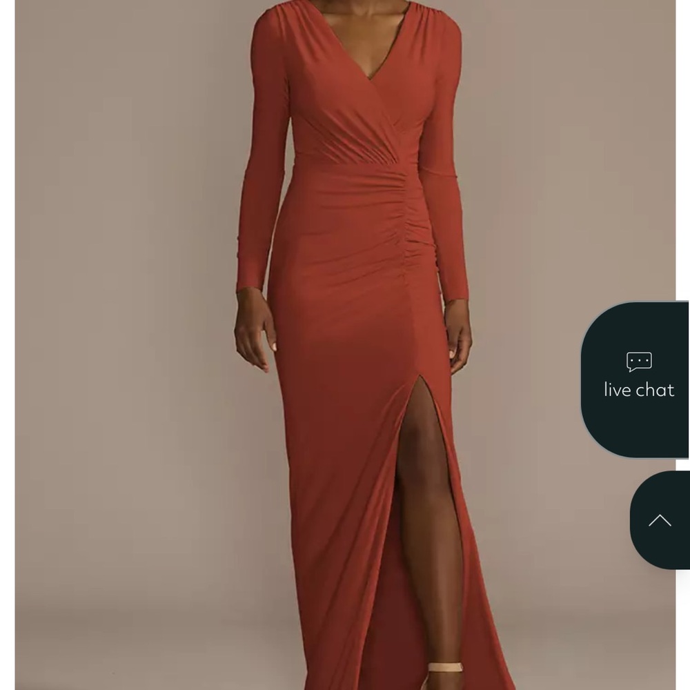 NWT Elegant David’s bridal Rust Orange Long Sleeve Maxi Dress! FLAWS